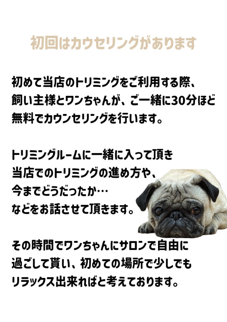 初回はカウンセリングがあります

初めて当店のトリミングをご利用する際、
飼い主様とワンちゃんが、ご一緒に30分ほど無料でカウンセリングを行います。

トリミングルームに一緒に入って頂き
当店でのトリミングの進め方や、
今までどうだったか…
などをお話させて頂きます。

その時間でワンちゃんにサロンで自由に
過ごして貰い、初めての場所で少しでも
リラックス出来ればと考えております。